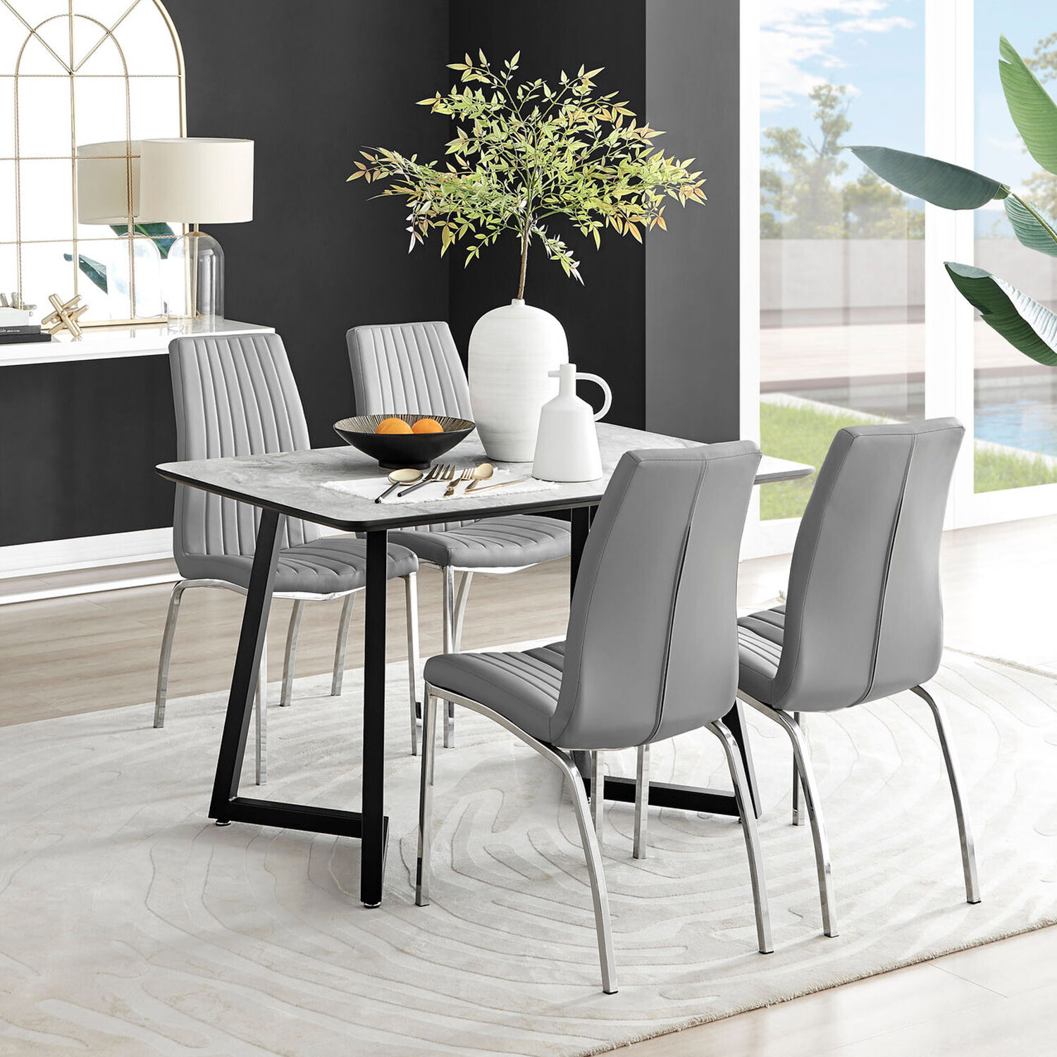Carson White Marble Effect Dining Table and 4 Isco Chairs - Grey