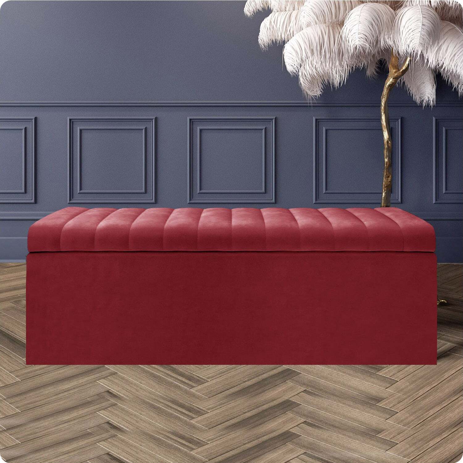 R&M Furnishers Safar Ottoman Storage Box, Plush Velvet Striped Upholstered Blanket Chest, End Of Bed Bench (White) - Red Plush Velvet
