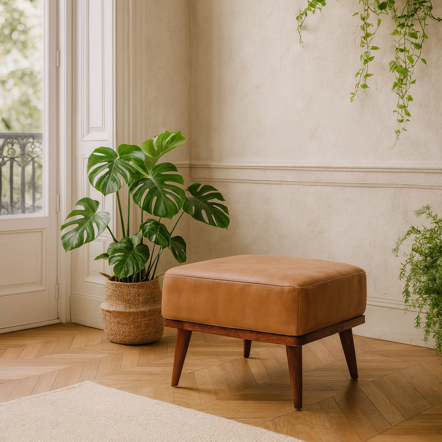 Tan Buffalo Leather Footstool with Solid Mango Wood Legs - Brown