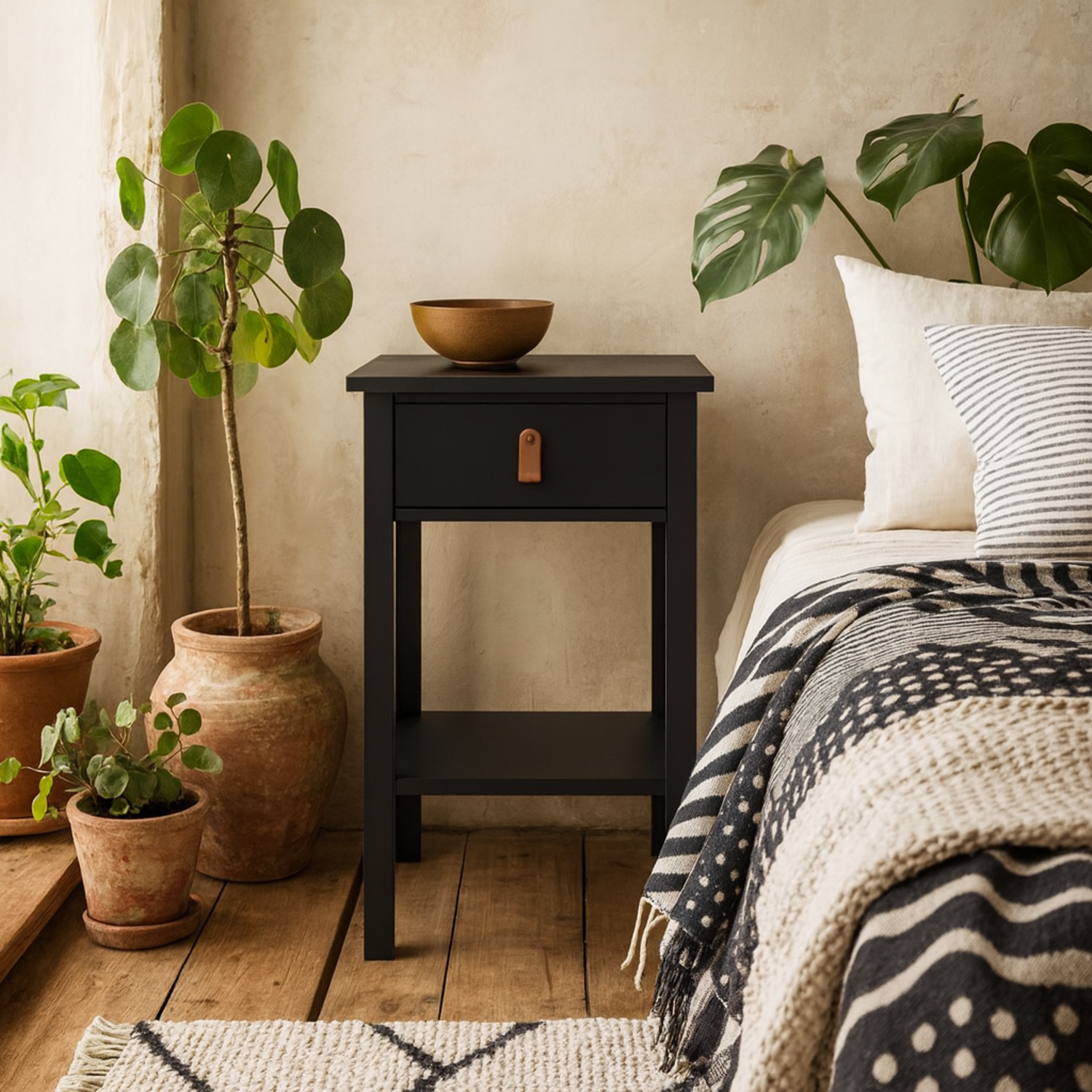 Wildberry Matt Bedside Table with 1 Drawer and Leather Tab Handle - Black