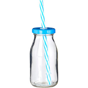 Dayla Set of 4 Milk Bottles with Blue Straws and Lids