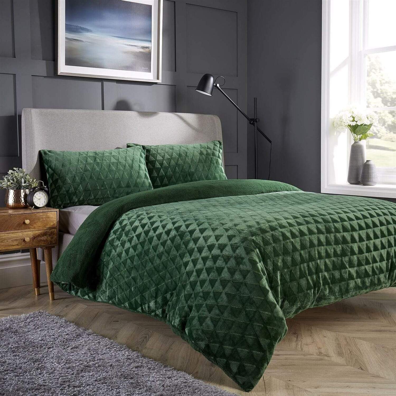 Geometric Reversible Teddy Duvet Set - Emerald Green Single