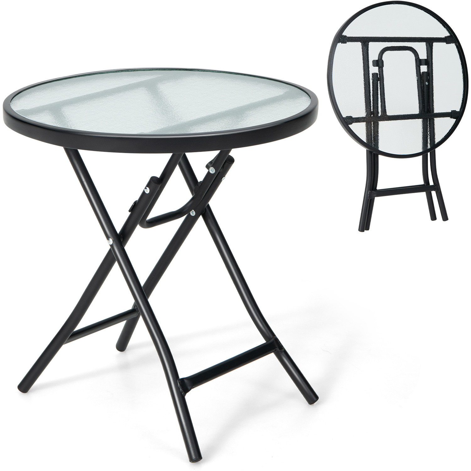 Portable Round Coffee Table Glass Side Table - Black
