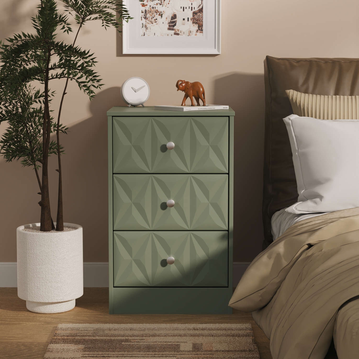 San Jose Fully Assembled 3 Drawer Bedside Cabinet - Reed Green