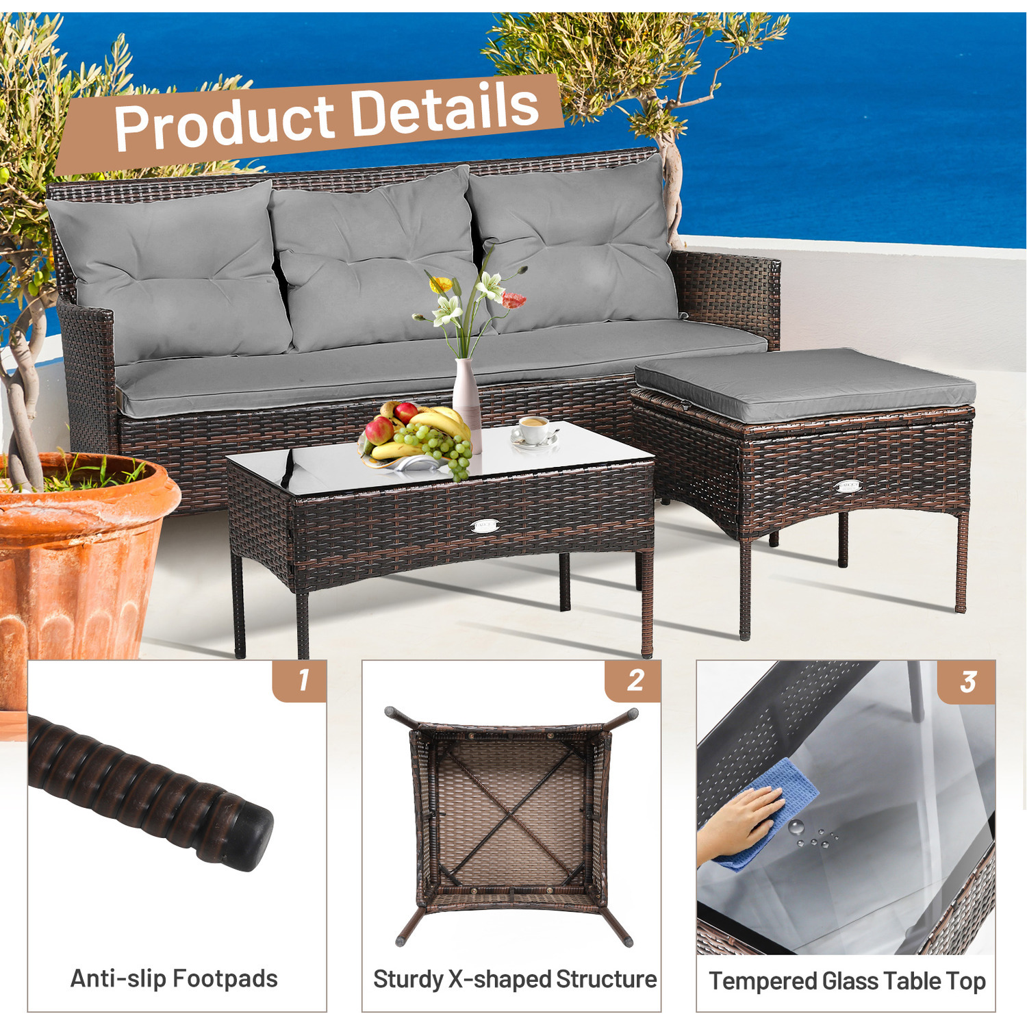 Pe Rattan 3 Piece Outdoor PE Rattan Furniture Set