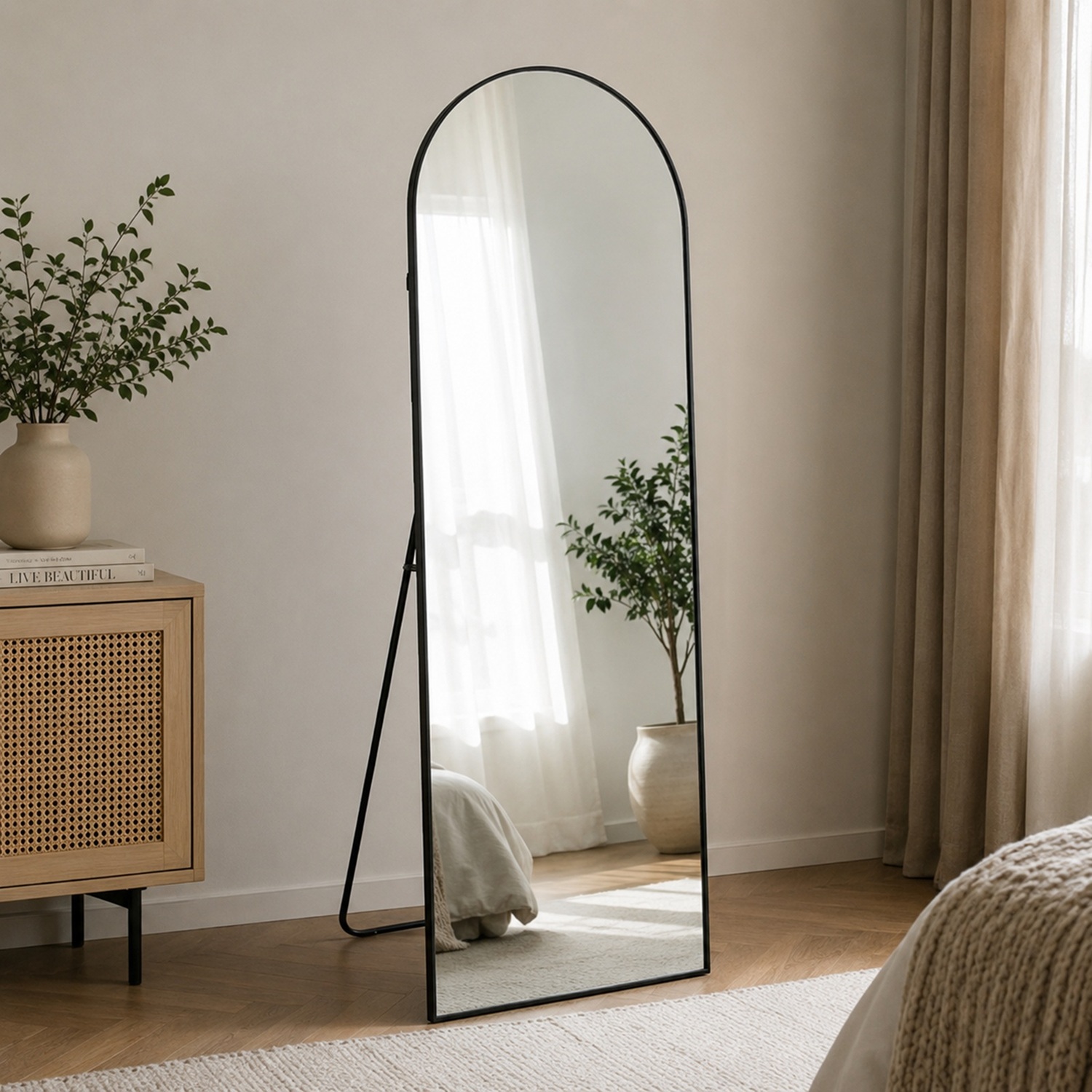 160x50cm Arched Full Length Mirror Black Aluminium Frame Floor Standing Bedroom - Black
