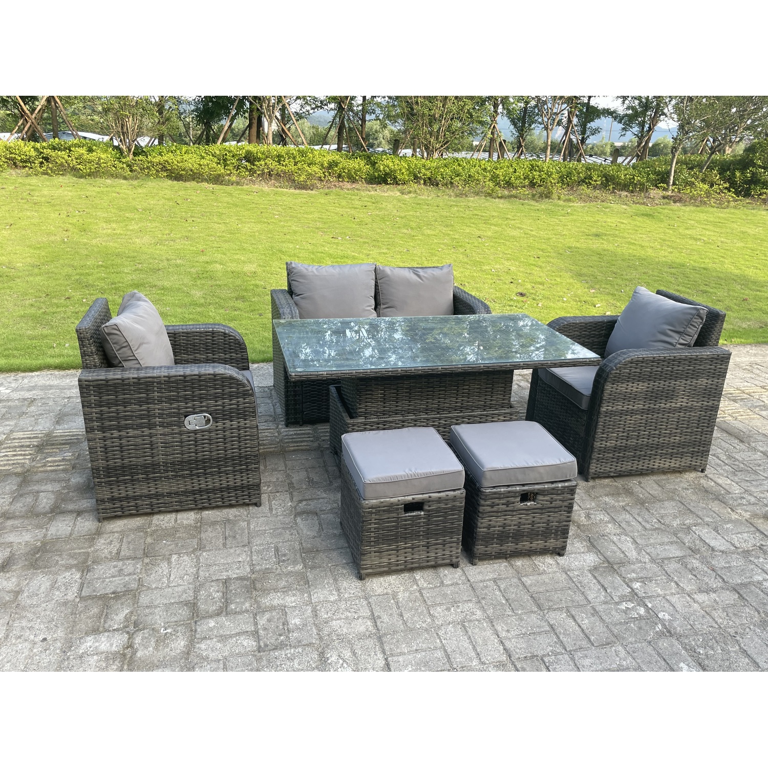 Fimous Rattan 6 Seater Adjustable Dining Set Love Sofa Reclining Chairs