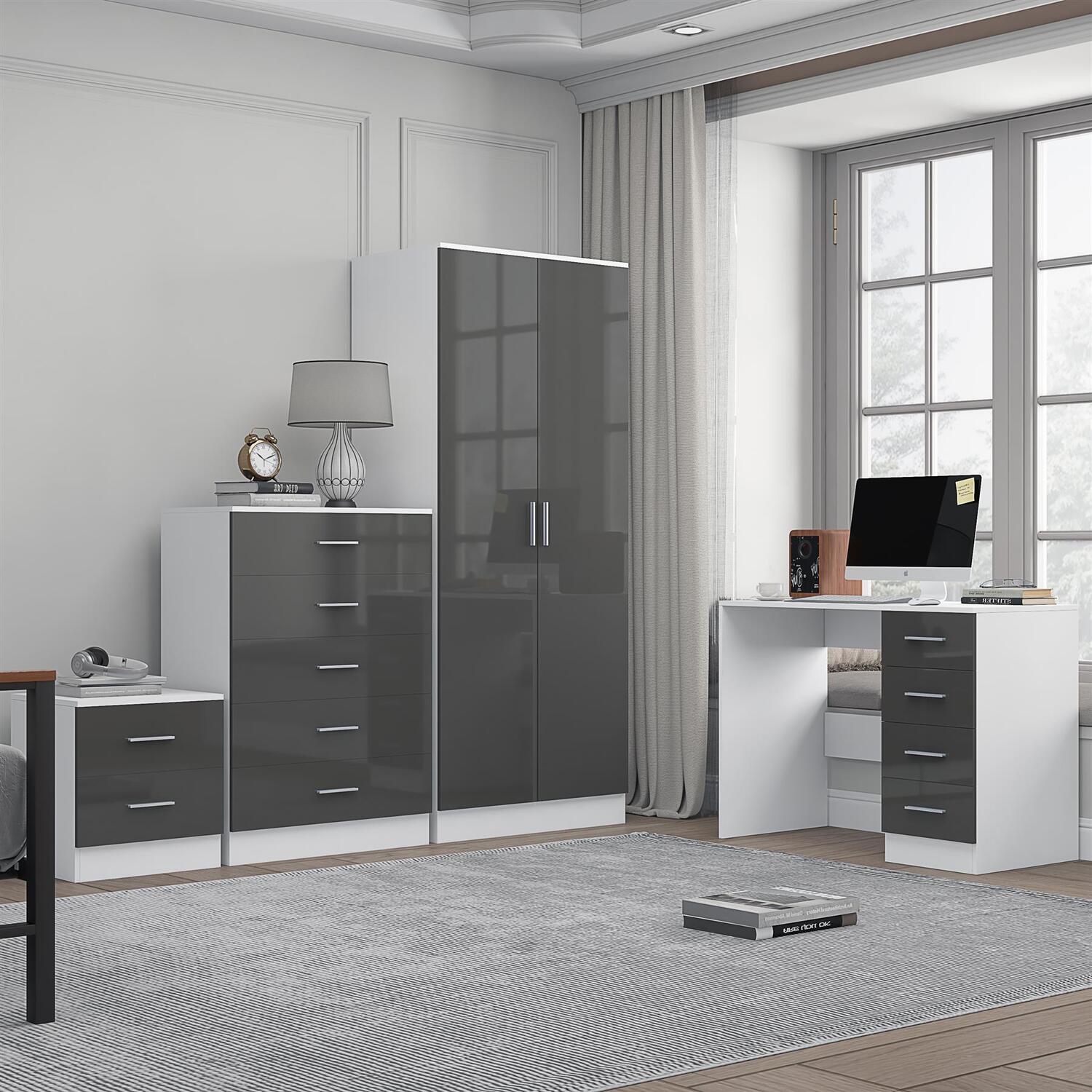 REFLECT 2dr Plain Wardrobe + Chest + Bedside + Desk - Grey/White - Image 6