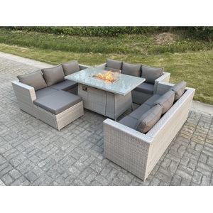 U Shape Lounge Sofa Dining Set Gas Fire Pit Rattan Garden Furniture