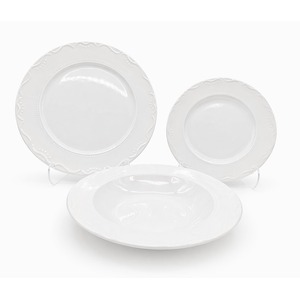 Dinner Set Porcelain White Embossed Floral Dot Rim Plates Bowls