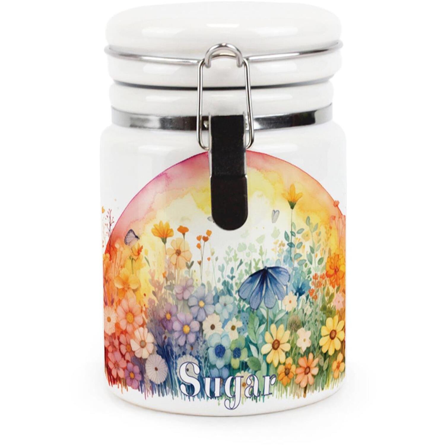 Ceramic Clip-Lid Colourful Sunrise Canister - Floral Sugar Storage Container - Image 2