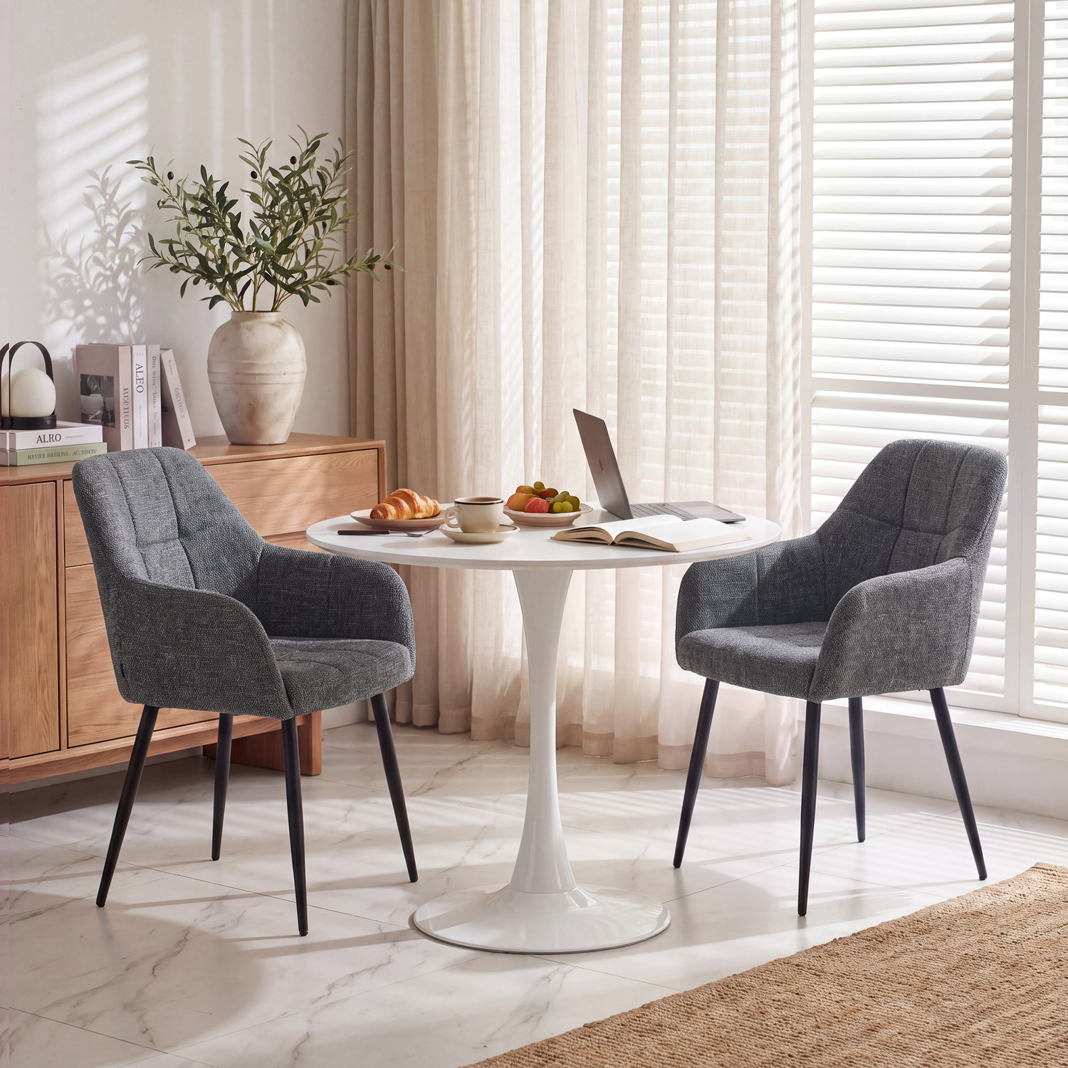 Sonara Modern Dining Chairs Set Of 2 - Plush Chenille Upholstery, Ergonomic Curved Back, Metal Legs - Dark Grey