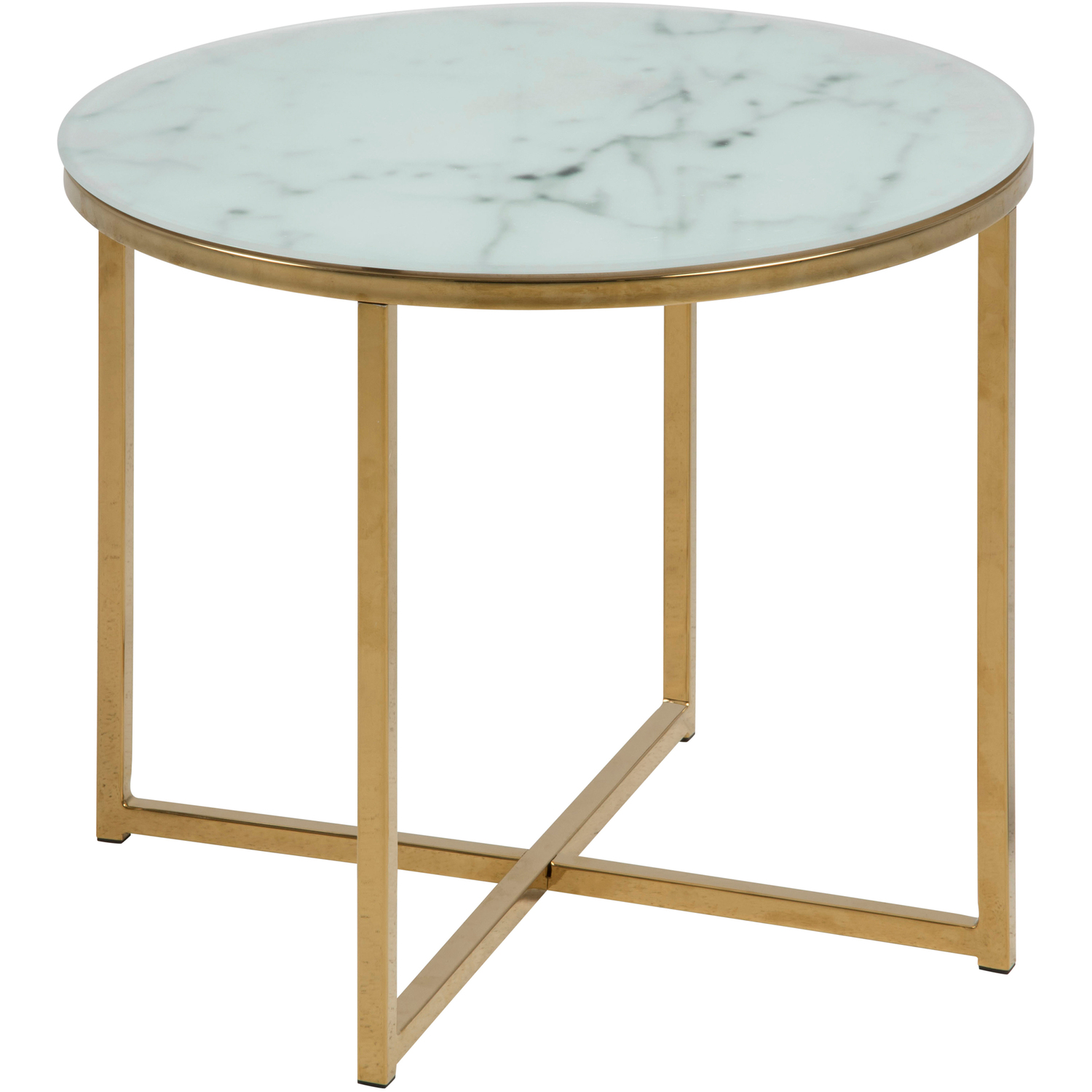 Furniture To Go Alisma Round Side Table With White Crystal Clear Marble Glass Top & Gold Legs - White Marble & Gold