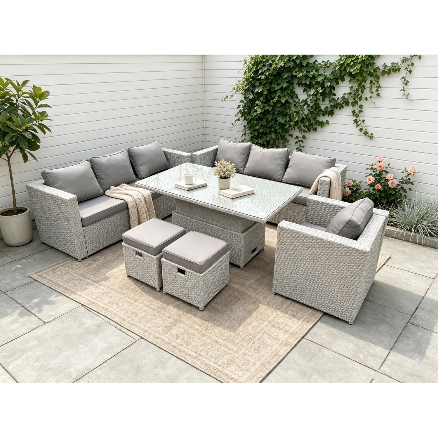 Fimous Unisex Light Grey Seater Outdoor Pe Rattan Garden Funiture Set Adjustable Rising Lifting Table Sofa Dining Set With Armchair 2 In Size 9 - Image 2