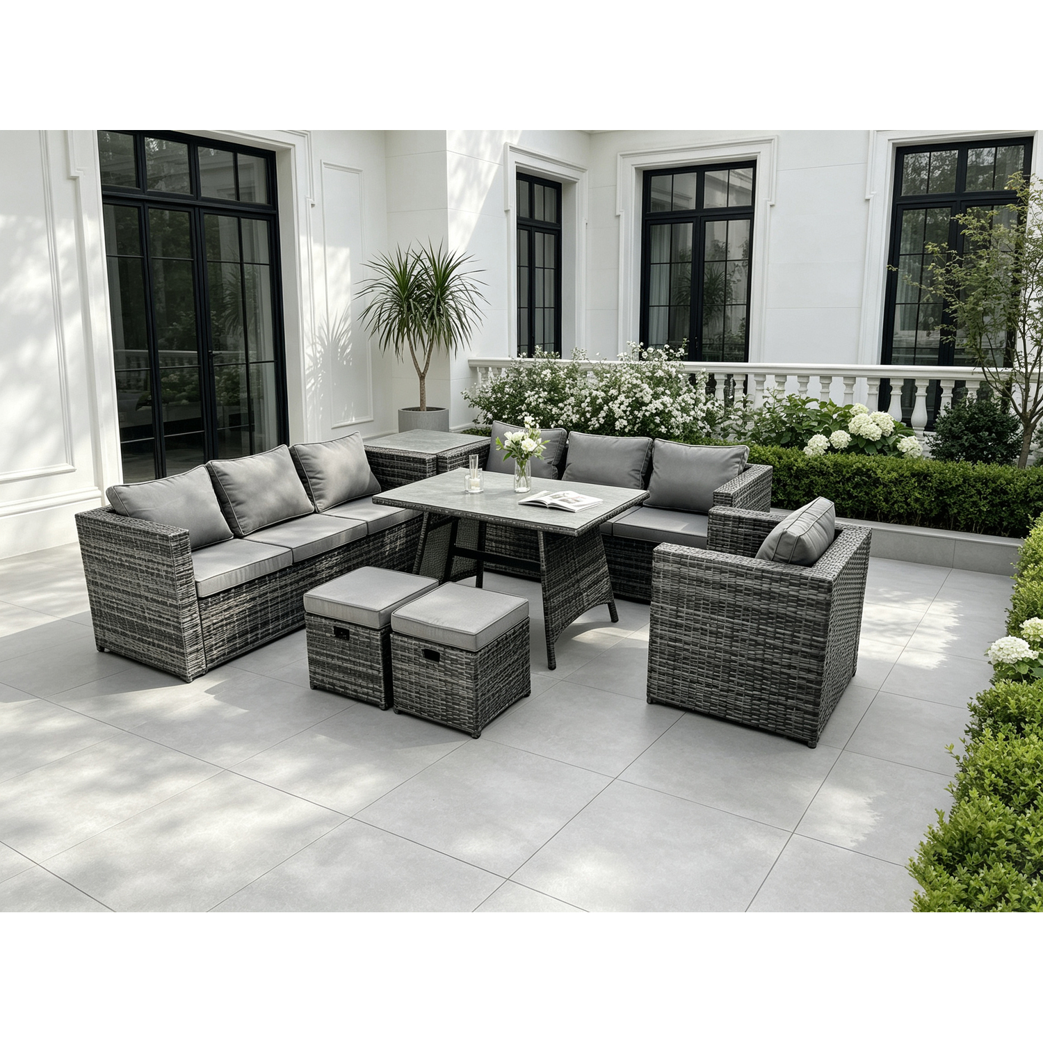 Fimous Dark/Grey 9 Seater Rattan Outdoor Furniture Sofa Garden Dining Set With Dining Table Armchair Side Table 2 Small Footstools Mixed - Image 2
