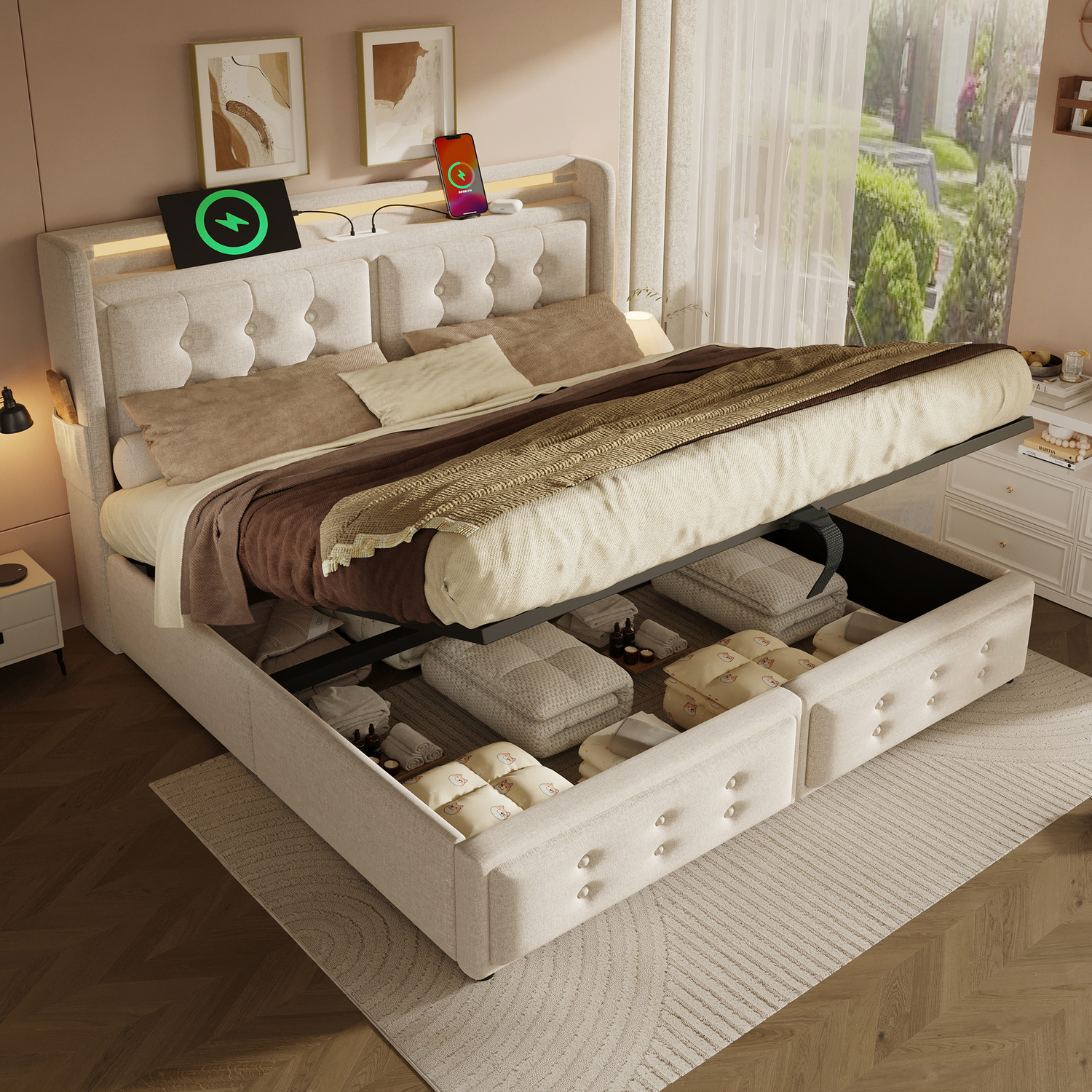 Aka Linen Hydraulic Storage Bed - Cream