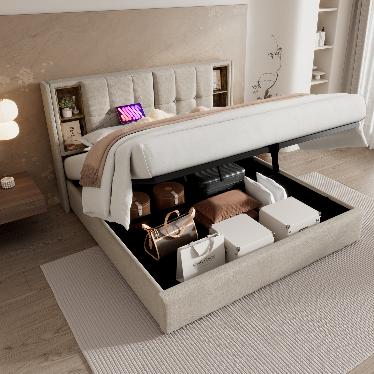 Aka Double Linen Hydraulic Storage Bed With Usb-C & Large Storage, White - White