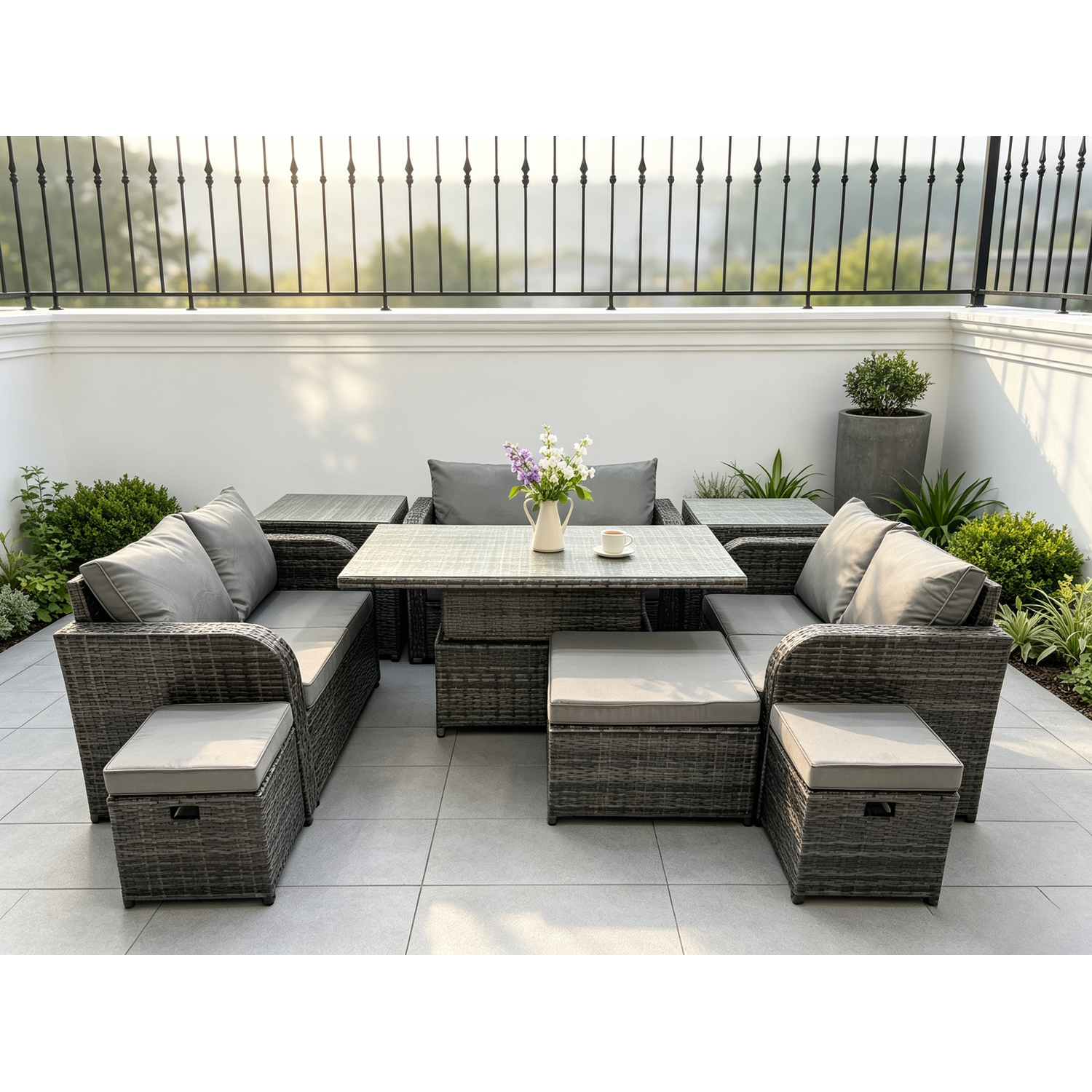 B&Q - Rattan Garden Outdoor Furniture 3 Pc Love Sofa Set Adjustable Rising Lifting Dining Table With 2 Side Tables 3 Footstools - Image 2