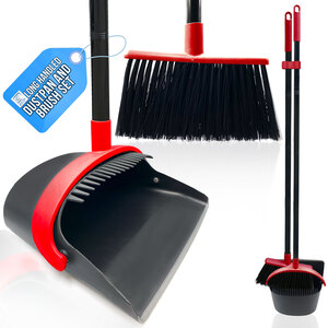 Long Handled Dustpan and Brush Set Upright Sweeping Broom with Built-In Bristle Cleaner - Red