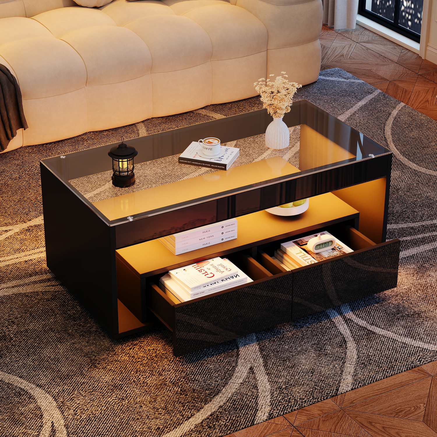 Aka High Gloss Black Coffee Table With Open Storage, Glass Top, 2 Drawers & Led Lights - Black