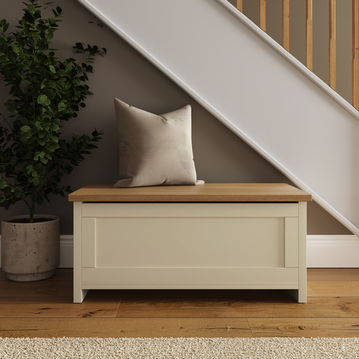 Lancaster Ottoman Storage Bench - Cream - Oak Effect Top - 89cm Wide - Image 4