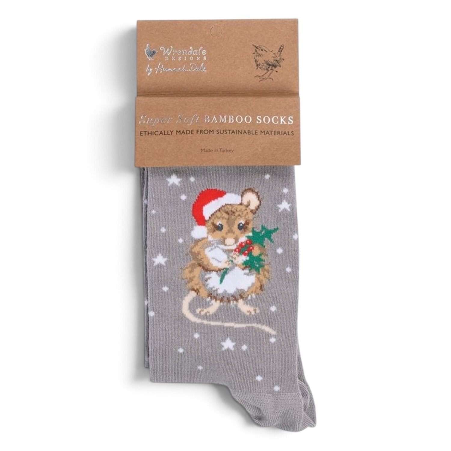 Festive Mouse Soft Grey Christmas Bamboo Socks – Wrendale Antibacterial One Size - Image 4