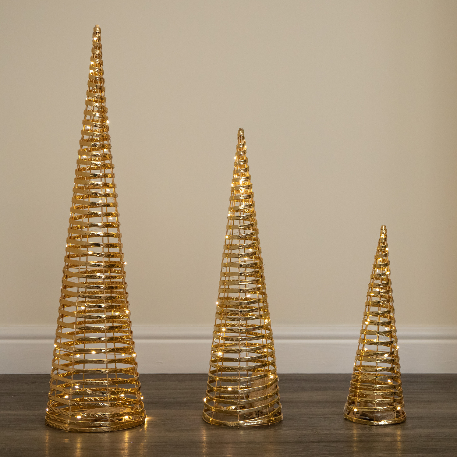 B&Q - Set Of 3 Light Up Gold Braid Christmas Cone Trees With Warm White Leds - Image 2