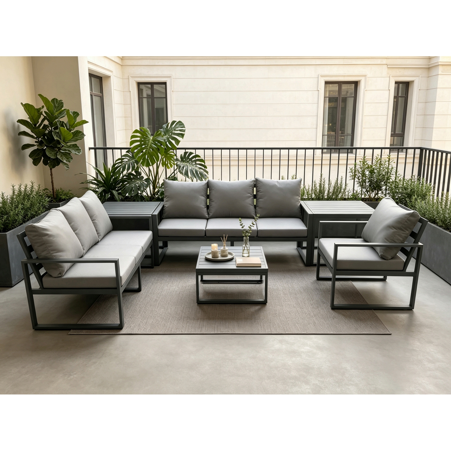 Fimous Unisex Dark Grey Aluminium Seater Outdoor Garden Furniture Lounge Sofa Set With Square Coffee Table Chair 2 Side Table Size 7 - Image 2