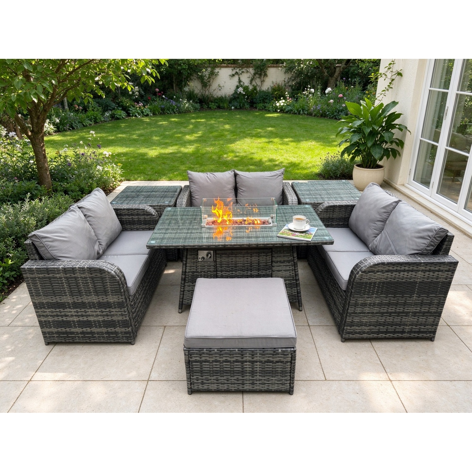 Fimous Dark/Grey Rattan Outdoor Garden Furniture Sofa Set Gas Fire Pit Dining Table Gas Heater With 2 Side Tables Love Sofa Big Footstool Mixed - Image 2