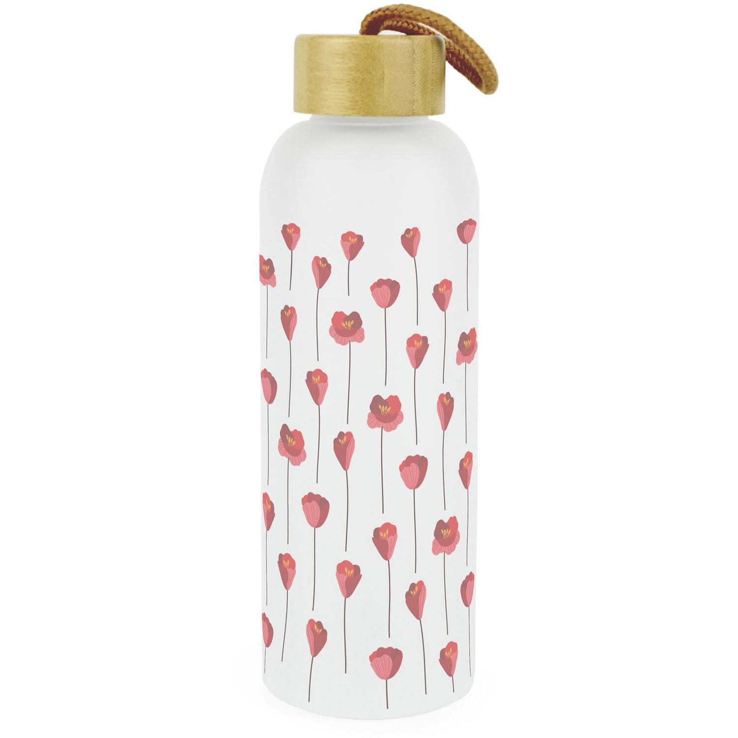 B&Q -  Minimalist Poppies Glass Water Bottle With Bamboo Lid - Image 3