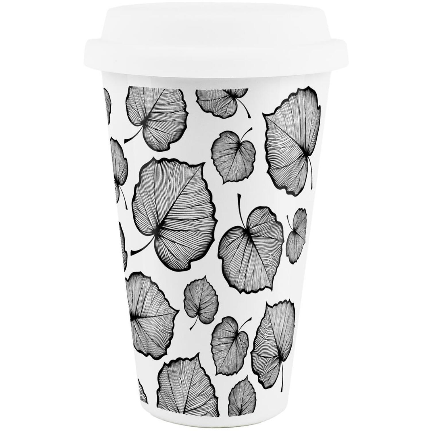 B&Q -  Delicate Leaves Ceramic Travel MugBlack & White Foliage Reusable Silicone Lid Double-Walled Insulated Hot/cold Drinks Gift Mug - Image 3