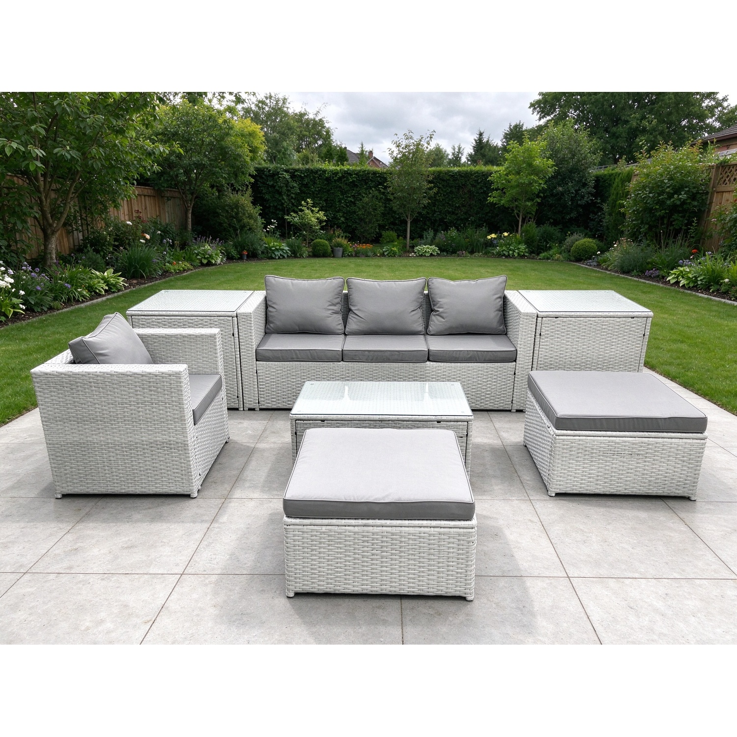 Fimous Unisex Light Grey Pieces Rattan Garden Furniture Set Outdoor Garden Sofa Chair Coffee Table Set With 2 Side Tables 2 Big Footstools Mixed Size 7 - Image 2