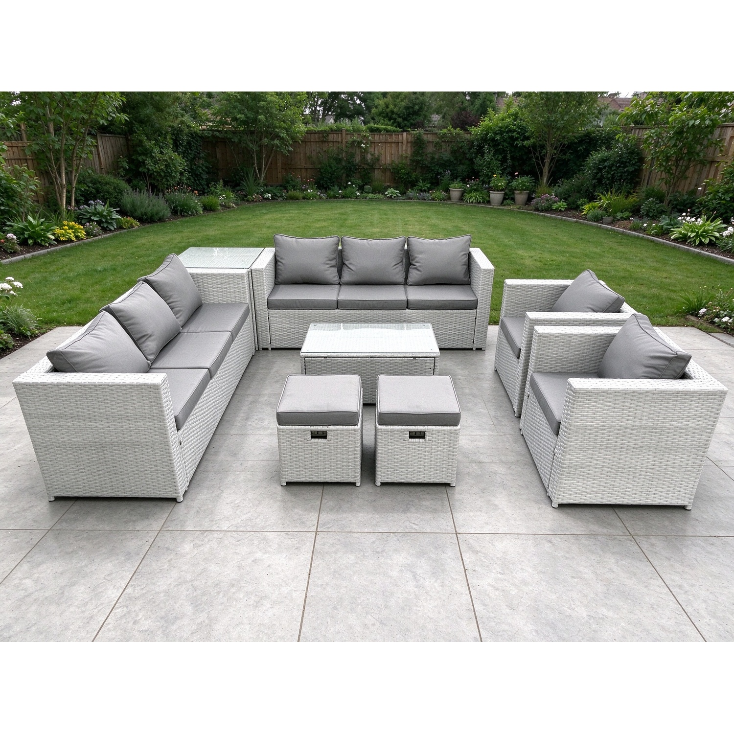 Fimous Light/Grey Outdoor Rattan Sofa Garden Furniture Set With 2 Armchairs Oblong Coffee Table 2 Small Footstools Side Table Mixed - Image 2