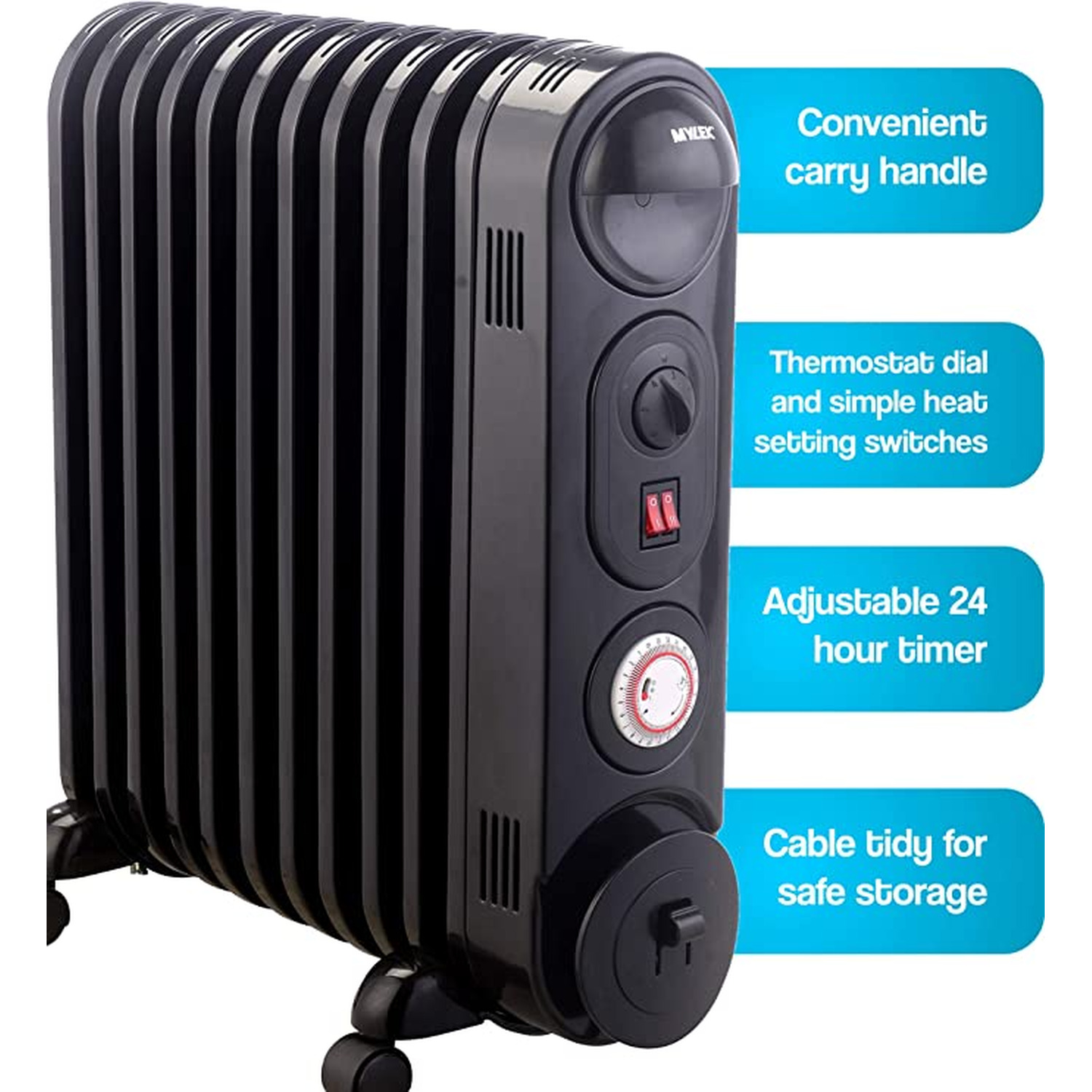 Oil Filled Radiator Electric Heater, Portable, Thermostat and 24hr Repeat  Timer