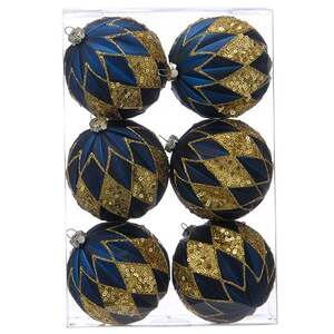 Matt Navy and Gold Glitter Diamond Bauble - 6 Pack