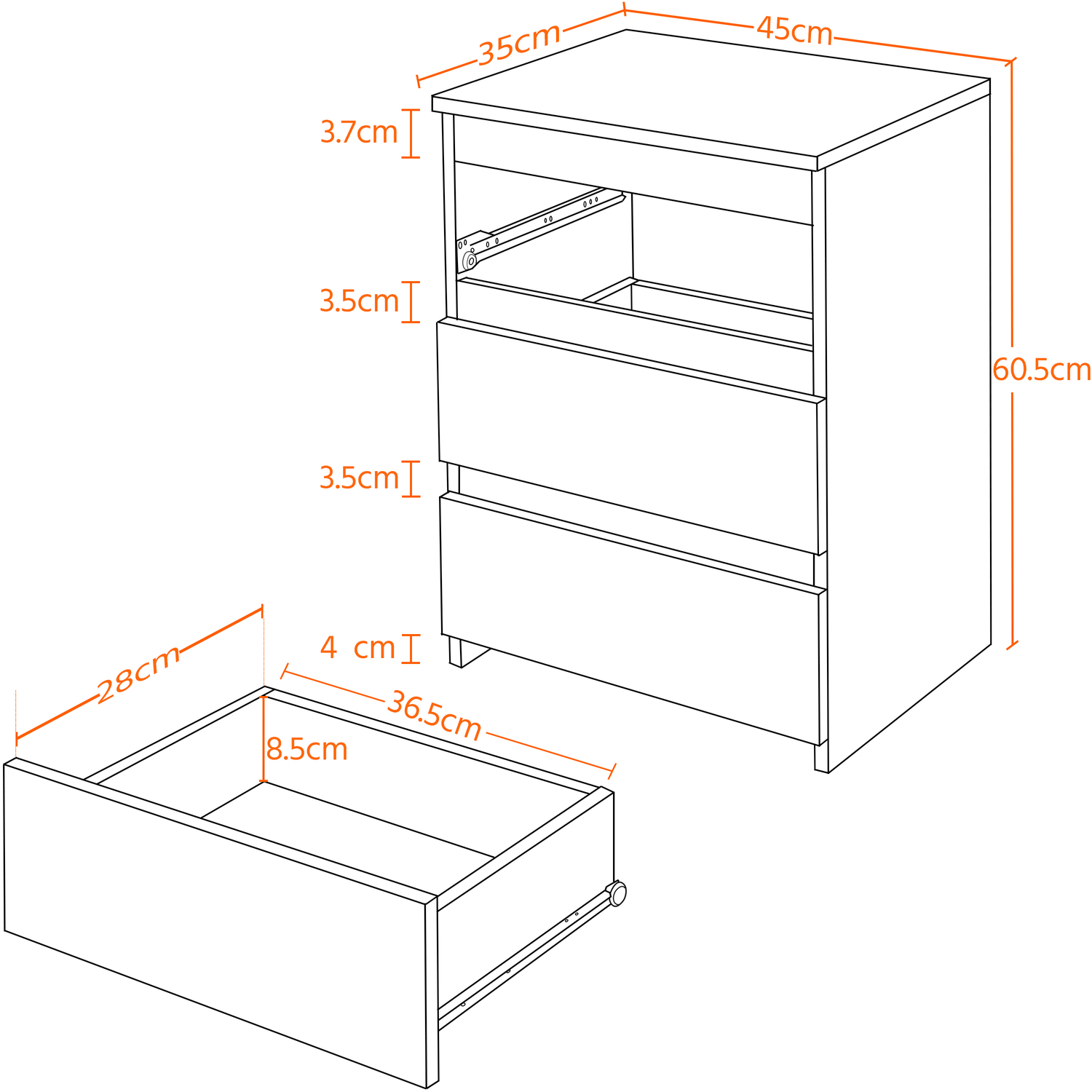 3-drawer Bedside Table - White