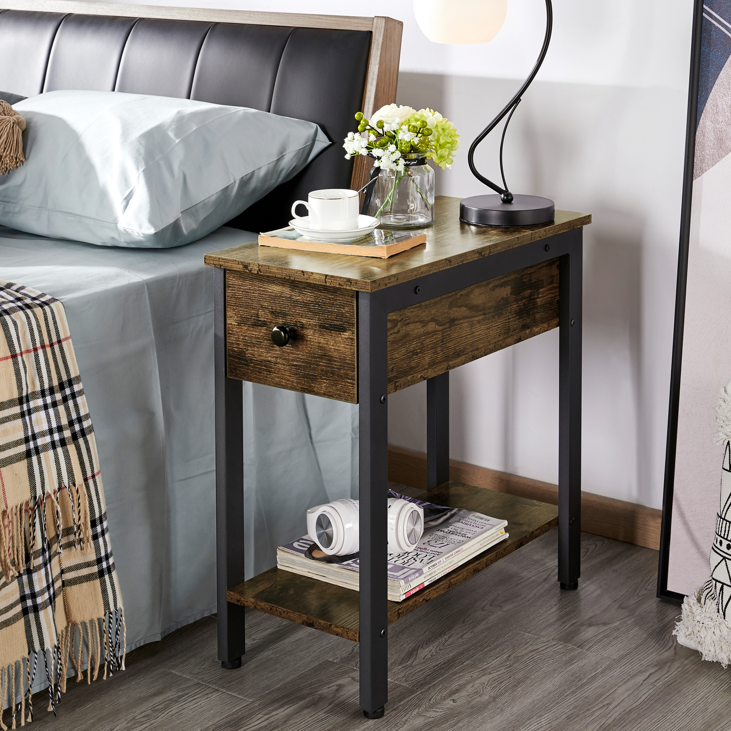 Narrow Bedside Table with Drawer and Open Shelf - Rustic Brown