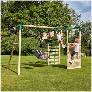 Wooden Single Swing Set with Climbing Wall and Monkey Bars - Mercury