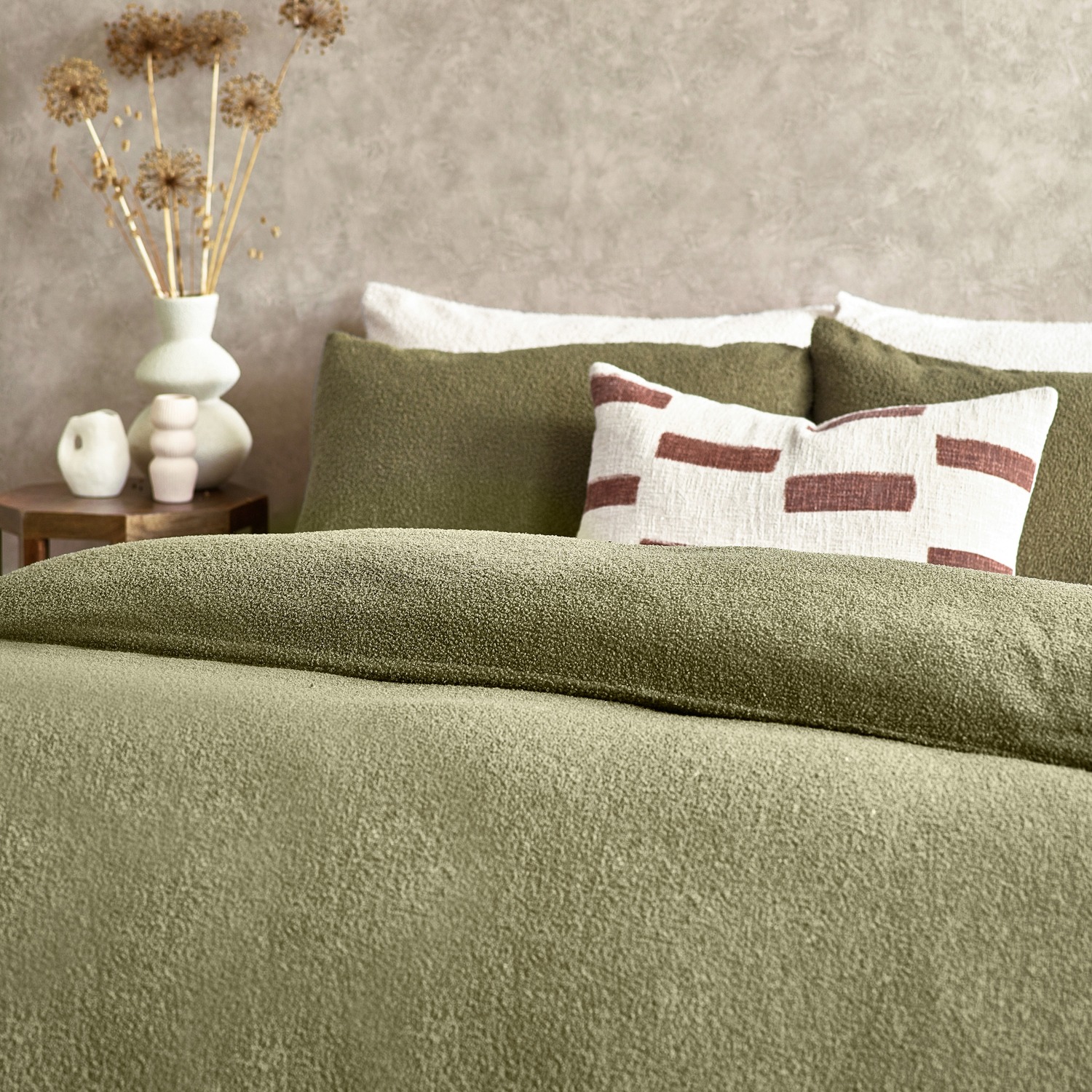 Boucle Textured Duvet Cover Set - Olive Double