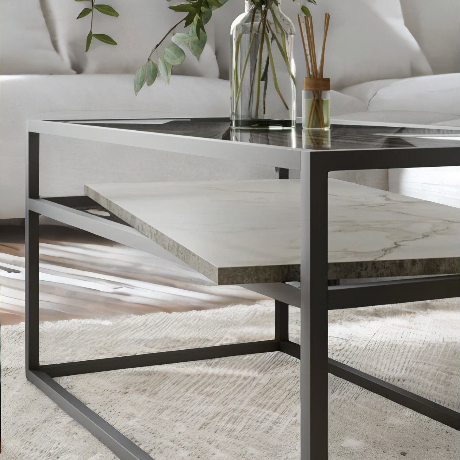Glass Top Coffee Table With Steel Frame - White Stone White Stone
