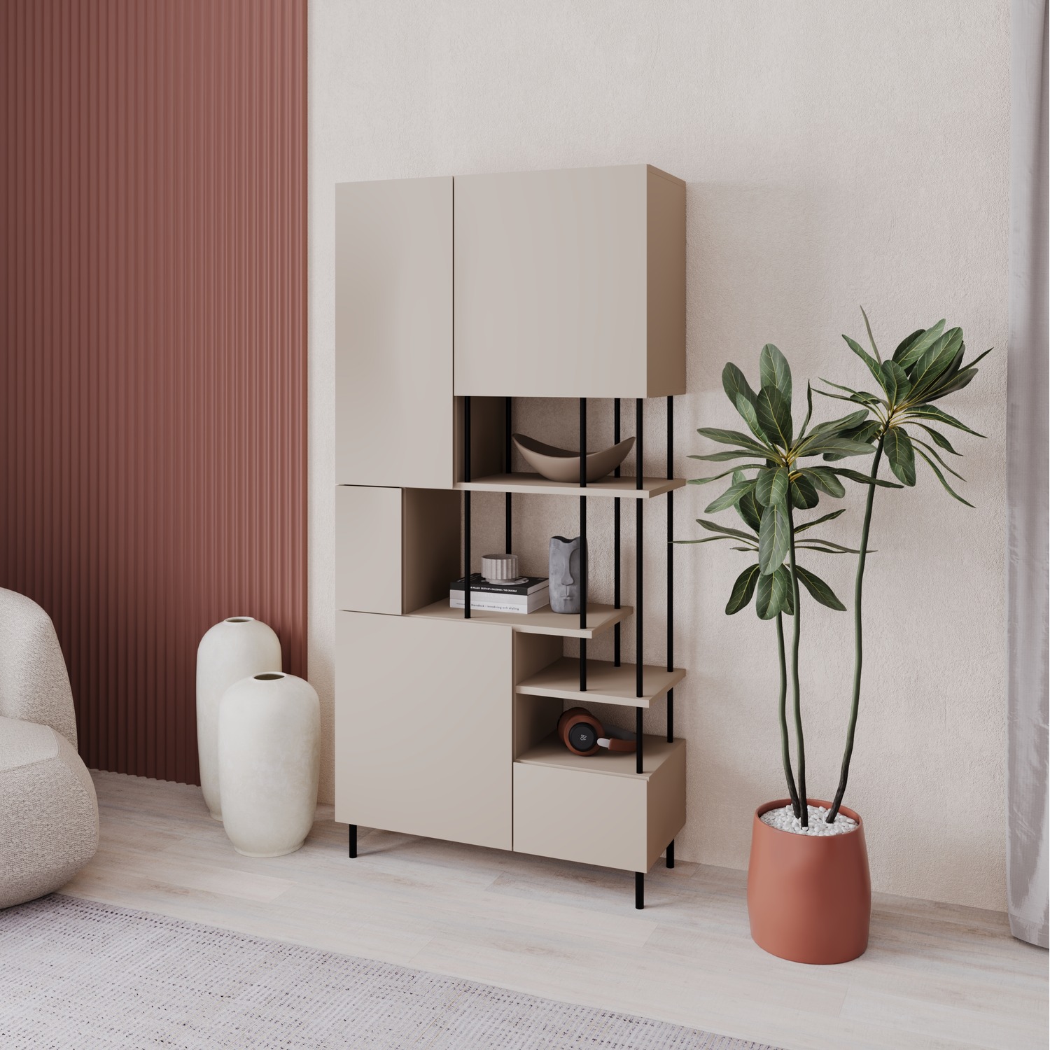 Modern Key Bookcase 5-Door Cabinet with Open Shelves