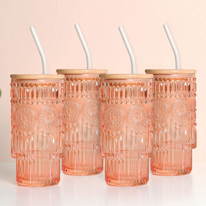Pack of 4 Peach Boho Tumblers with Lid and Straw