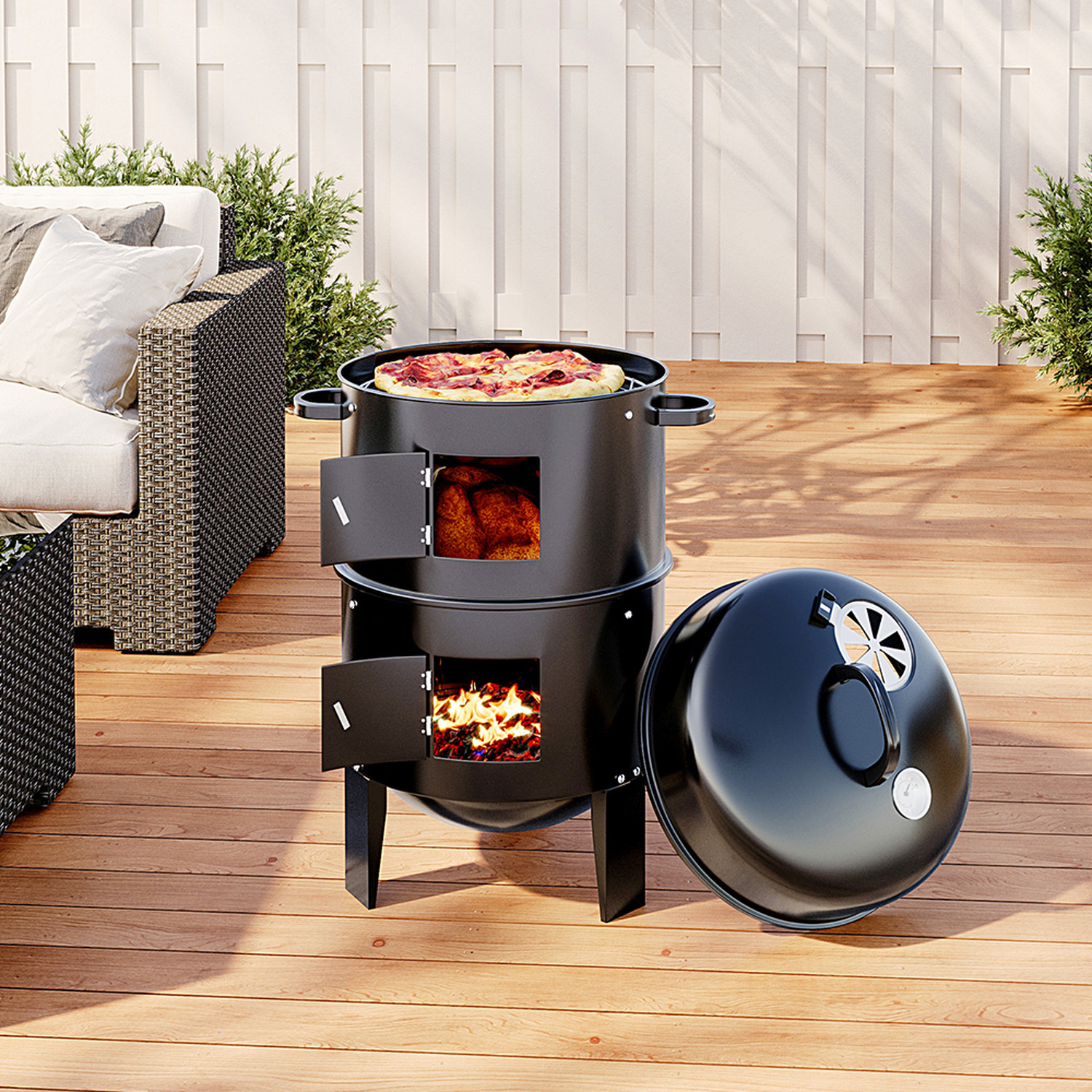 3-in-1 Charcoal BBQ Smoker Barbecue Grill With Thermometer Outdoor - Black