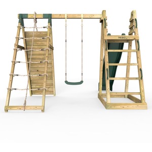 Wooden Climbing Frame with Swing, Up and Over Climbing Wall and 10ft Slide