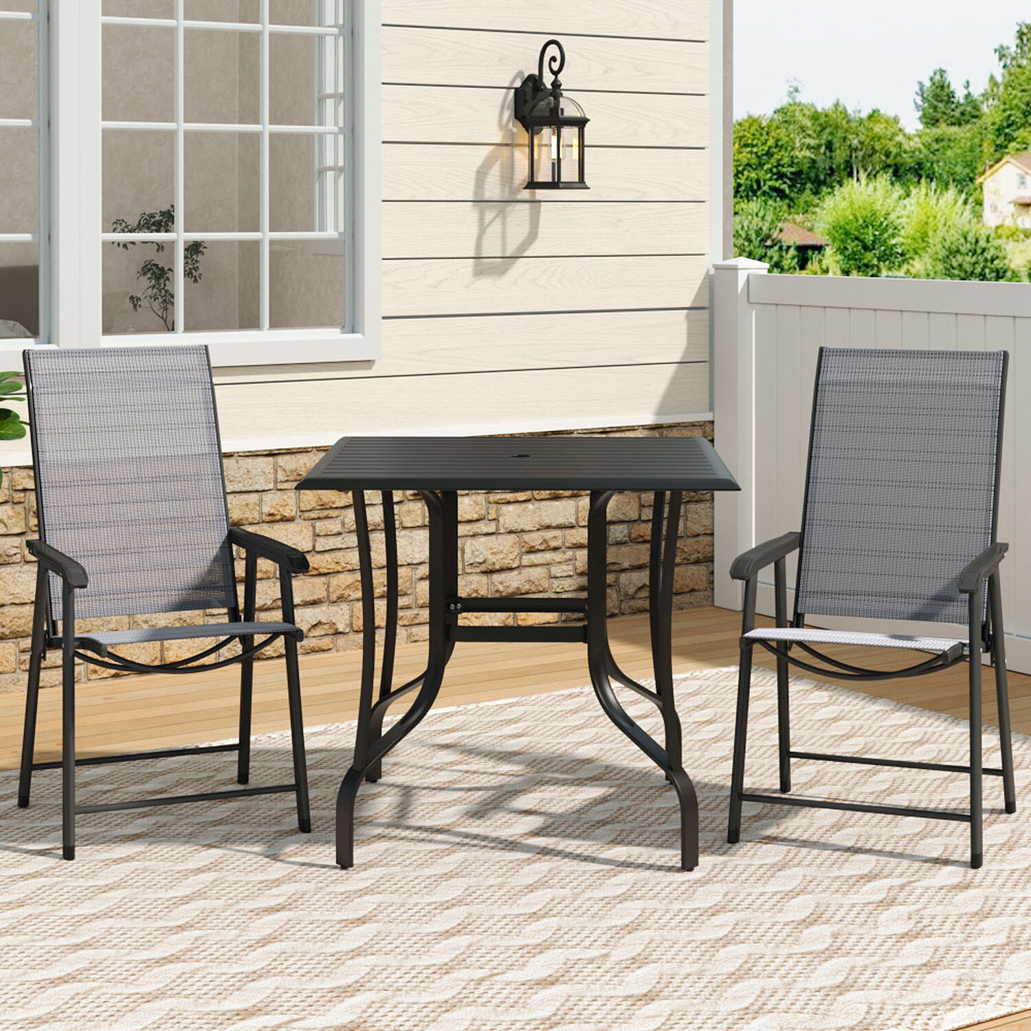 Metal Bistro Set Slatted Garden Table With 2 Foldable Chairs - Dark Grey 1 Square Table And 2 Chairs