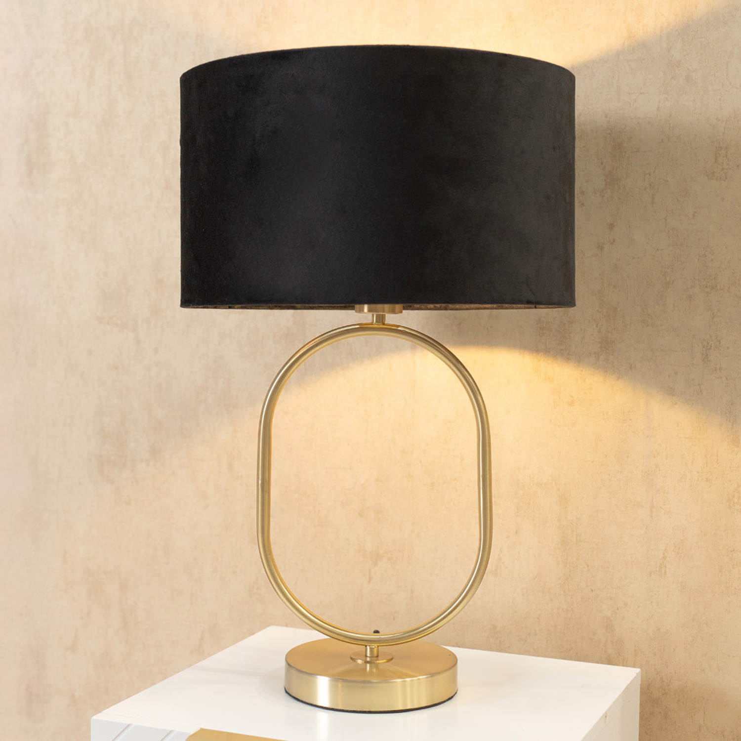 Antonia Brushed Gold Oval Table Lamp with Velvet Drum Shade and LED Bulb - Black