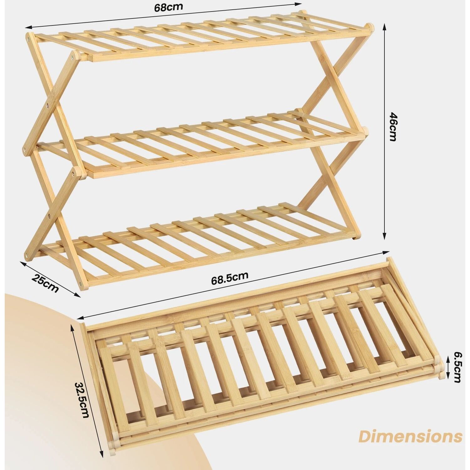 Folding 3 Tier Bamboo Shoe Rack Portable Shoe Shelf