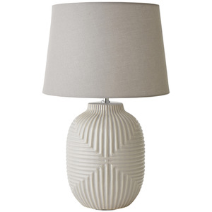 Harrison Large Geo Ribbed Gloss Ceramic Table Lamp Tapered Shade and LED Bulb