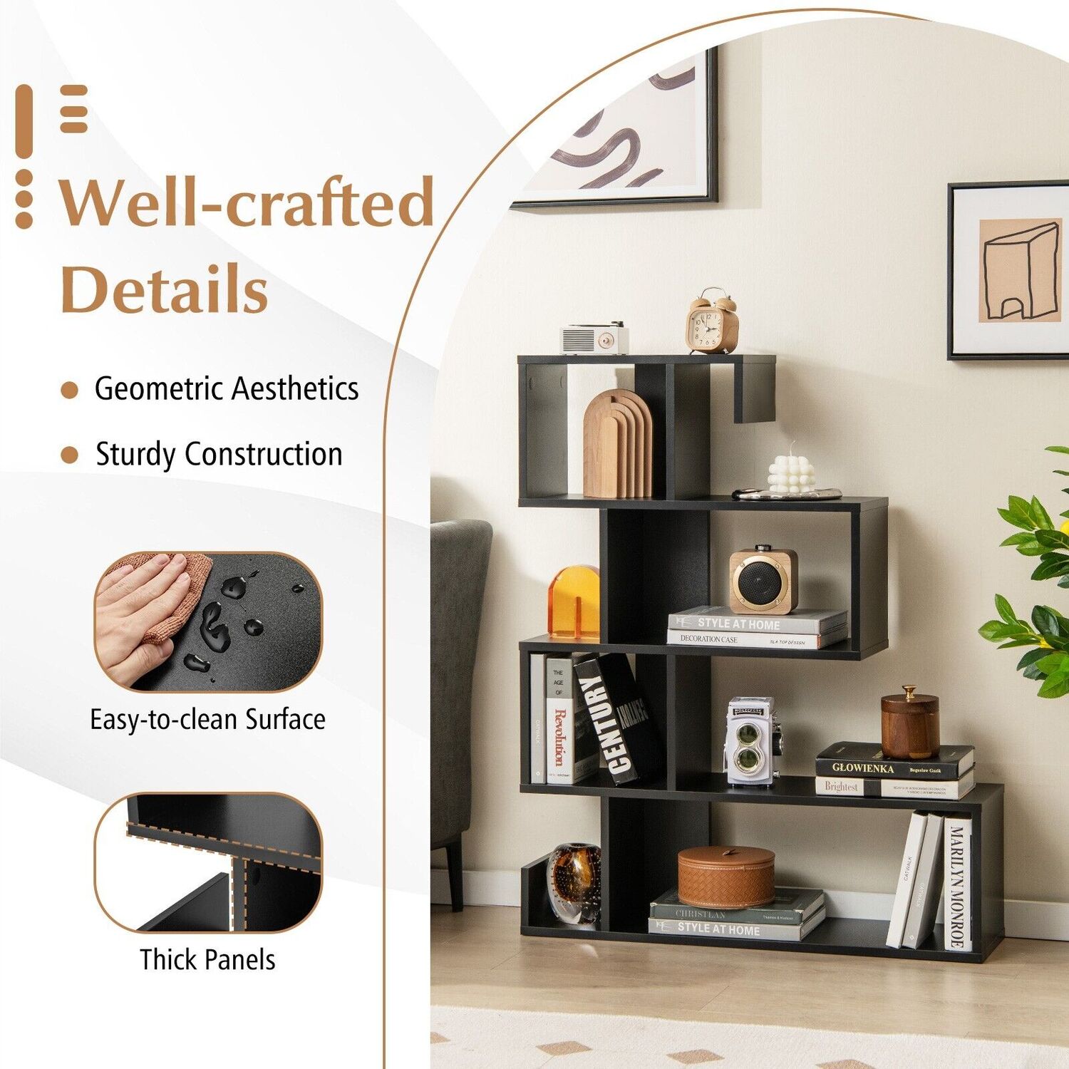 5-tier Bookshelf Geometric Bookcase - Black