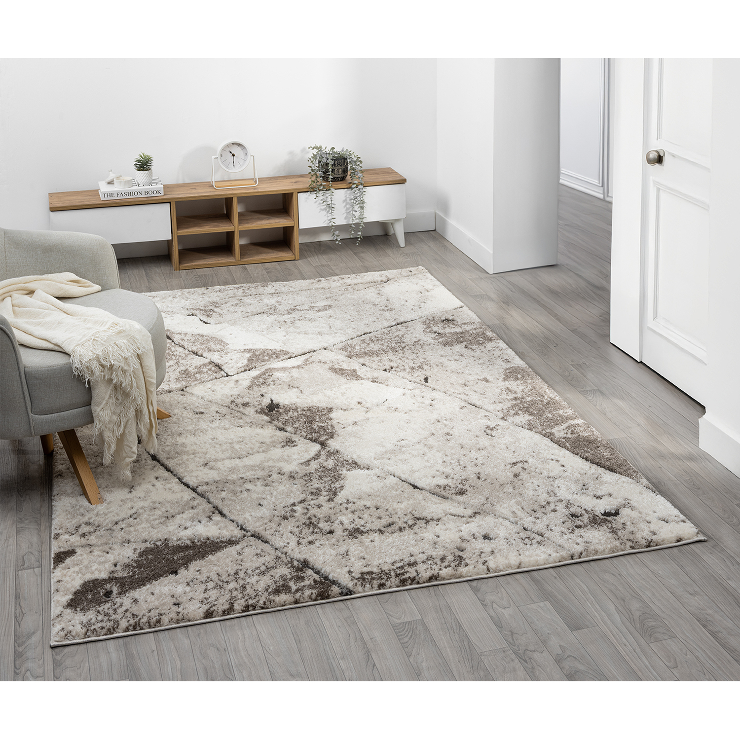 Eleanor Modern Embossed Contemporary Living Room Area Rug - Slate Design Rug - Mocha / 150cm